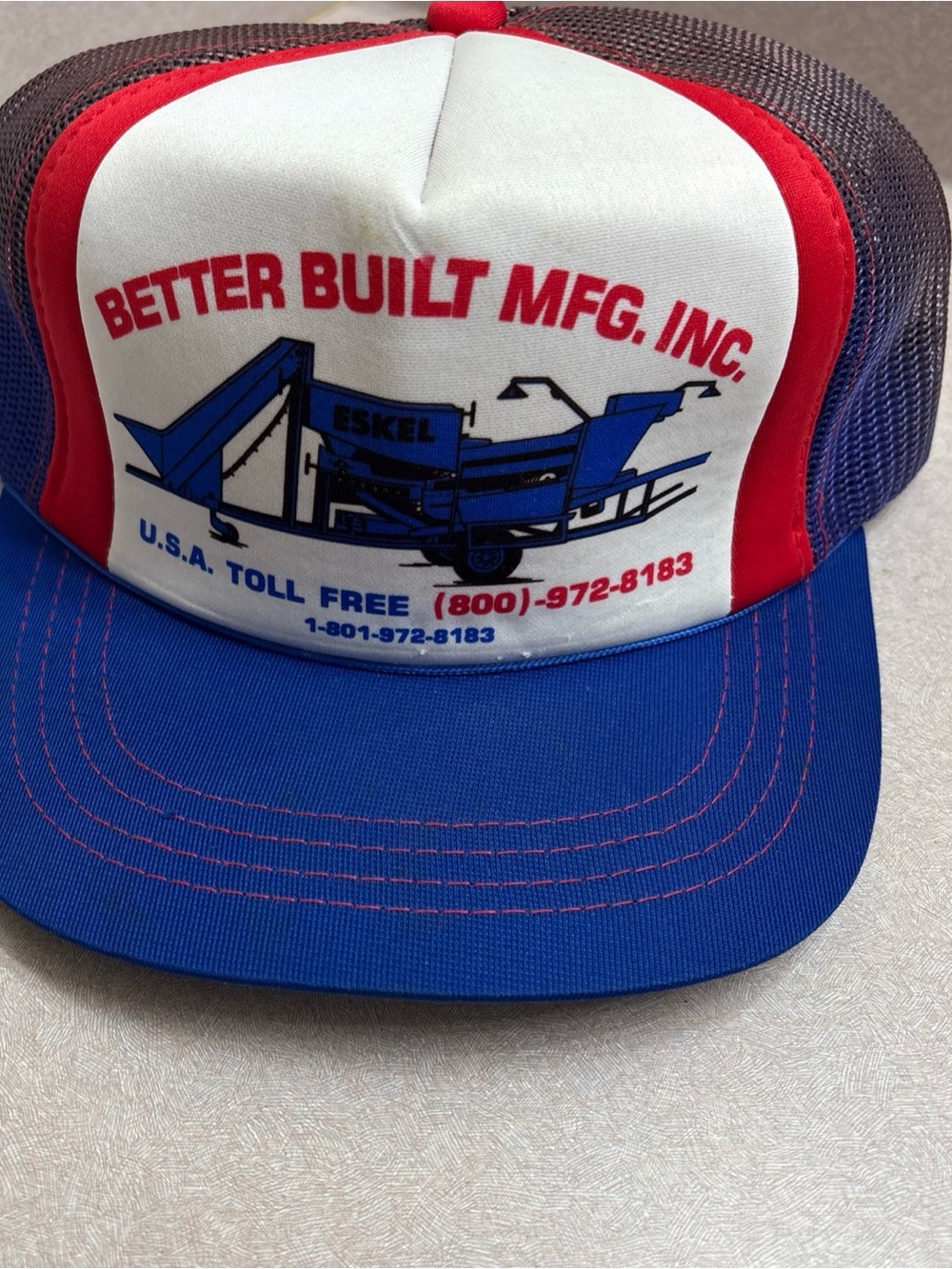 Vintage Eskel Machinery Hat Cap Red White Blue USA Mesh Foam SnapBack Farming